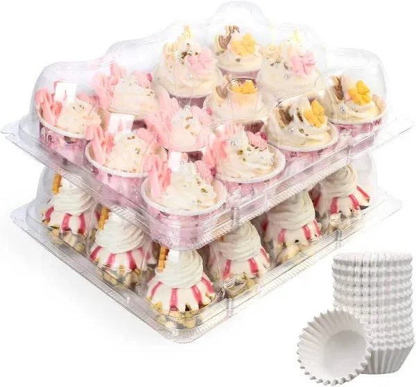 LotFancy Mini Cupcake Containers, 12 Count, 40 Pack, Clear Plastic Cupcake Holder with 480 Mini Cupcake Liners, Dozen Disposable Mini Cupcake Carriers with Detachable Lid