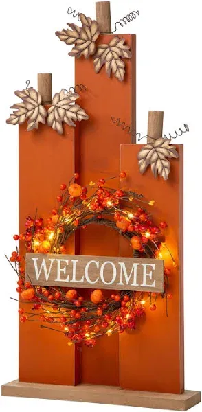 Glitzhome 30 Inch Fall Lighted Wooden Pumpkin Decor with Wreath