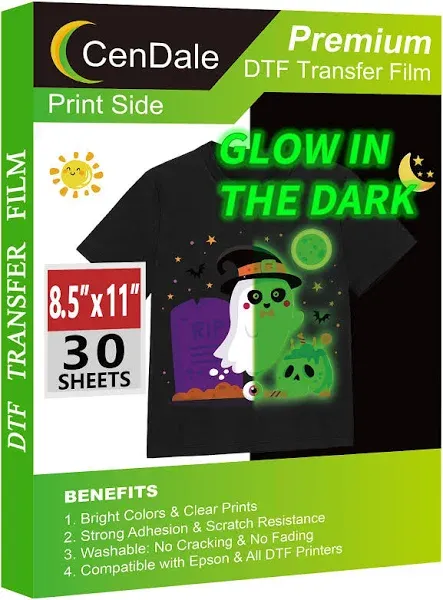 CenDale Glow in The Dark DTF Film - 8.5"x11" 30 Sheets Glow in The Dark DTF Transfer Film for Dark/Light T Shirt Textile, Luminous Green Premium Direct to Film DTF Paper Cold Peel DTF Transfer Sheets