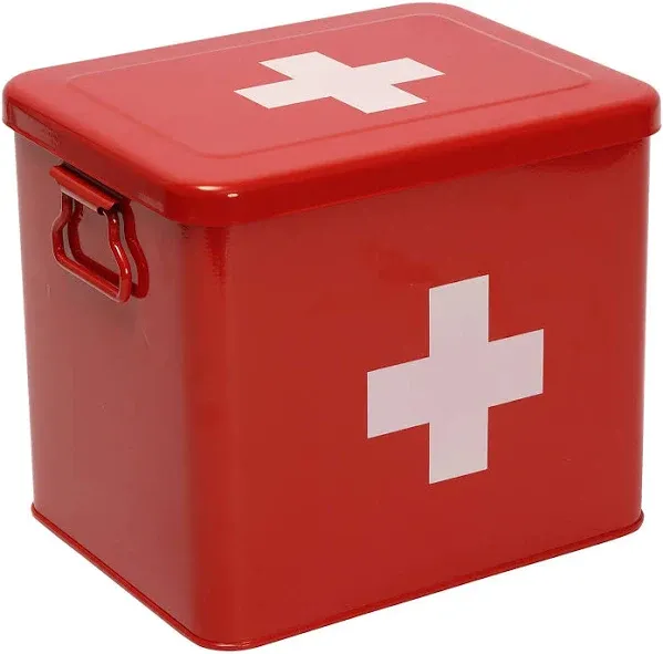 First Aid Kit Medicine Supplies Bin 2-Tier Metal Medicine Storage Tin Removable Tray Home Emergency Tool Set