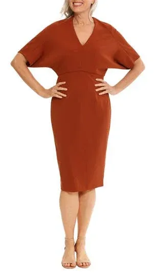 London Times Women's Chic V-Neck Dolman Sleeve Midi Sheath Polished Event Guest of Versatile