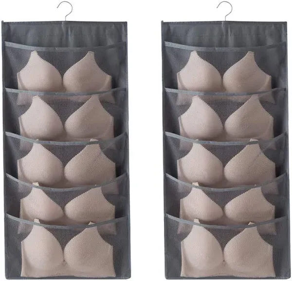 Enlarged Closet Hanging Bra Organizer with Rotating Metal Hanger, Dual Sided Wall Shelf Wardrobe Mesh Pockets Hanging Storage Bag for Bra Socks Underwear Underpants