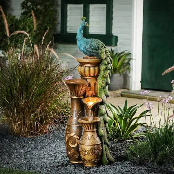 LuxenHome Outdoor Water Fountains, 44" Resin Pedestal Peacock and Urns Garden Water Fountain Outdoor with LED Light, Tall Fountains Outdoor for Garden Patio and Backyard, Brown/Teal Peacock Fountain