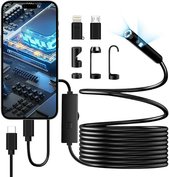 Pipirich Dual-Lens Endoscope Camera with Light, 1920P HD Borescope with 8+1 Adjustable LED Lights, IP67 Waterproof 16.5ft Semi-Rigid Snake Cord Inspe