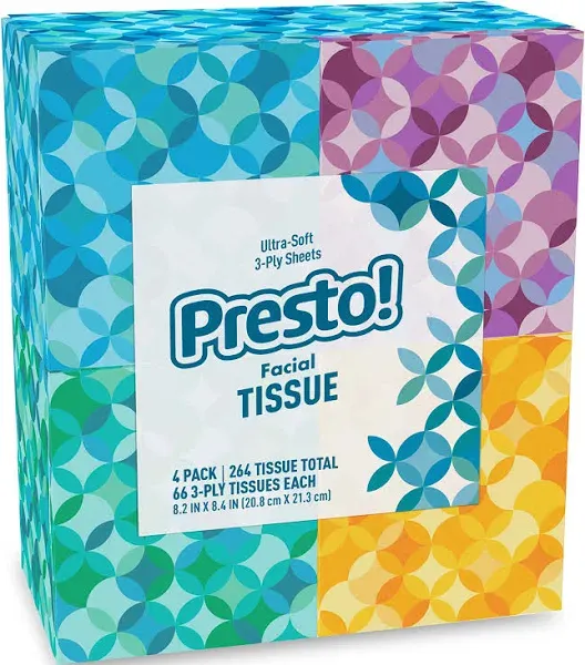 Amazon Brand - Presto! Ultra-Soft 3-Ply Facial Tissues 264 Count (4 Packs of 66)