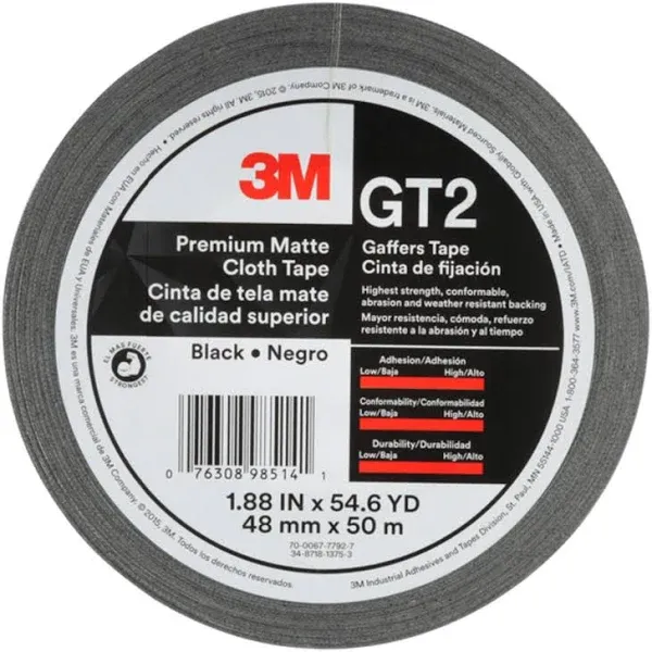 3M GT2 Premimum Matt Cloth Gaffers Tape 1.88 Inch X 54.6 Yard