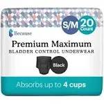 Because Premium Maximum Absorbency Adult Incontinence and Postpartum Bladder Leak Underwear for Women, Heavy Absorbency, Disposable, Black, Small/Medium, 20 Count