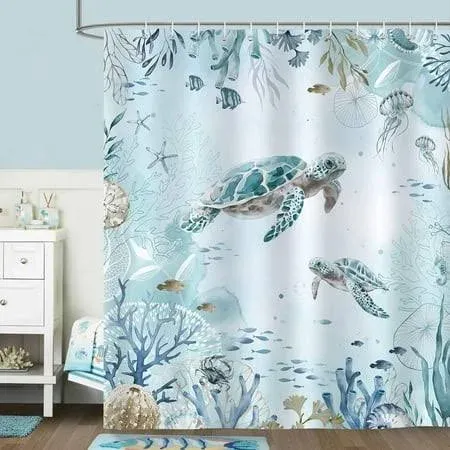 Watercolor Sea Turtle Shower Curtain Blue Teal Ocean Coastal Colorful Underwater Starfish Shell Fabric Home Bathroom Waterproof Fabric 72Lx72W Inch with Plastic 12PCS Hooks