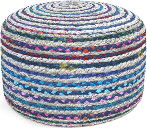 Simpli Home Pouf 20.08&#034;Boho Round Fabric in Multi-Color Handcrafted Braided Jute