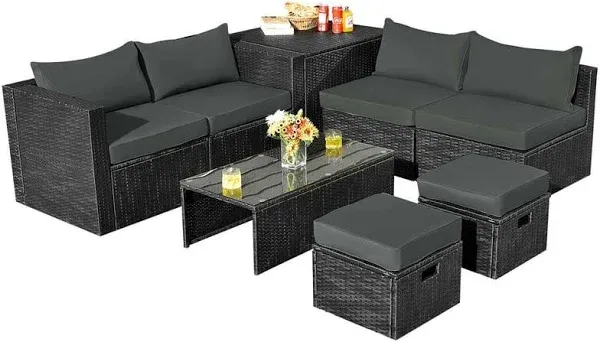 Costway 8pcs Patio Rattan Furniture Set Storage Table Ottoman