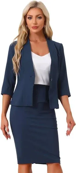 Allegra K Women's Office Work Collarless Blazer Pencil Skirt Business Suit Set 2 Pcs