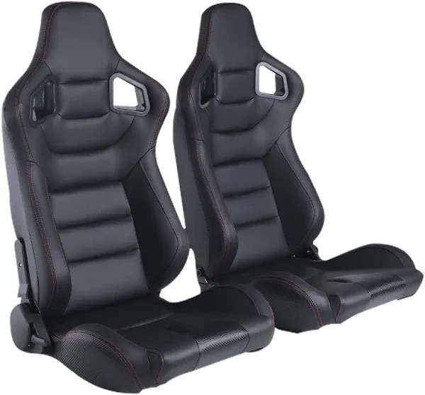 1Pair Racing Seats Black + Red Stitching PU Leather Universal w/Sliders Black