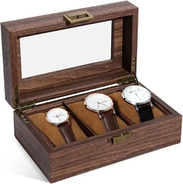 Uten Watch Box 3 Slots, Watch Case with Glass Lid, Wood Grain PU Leather Watch Display Storage Box with Removable Imitation Suede Watch Pillows, Metal Clasp, Gift Idea for Men and Women