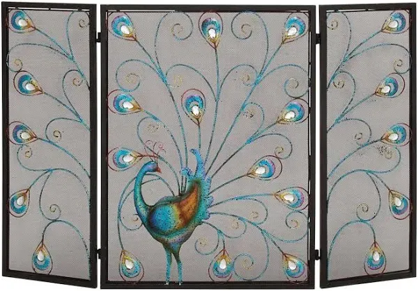 Deco 79 Metal Peacock Fireplace Screen Rainbow 3 Panel with Crystal Accents and Black Frame, 48" x 1" x 32", Blue