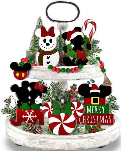 Christmas Tiered Tray Decor, Cartoon Mouse Tray Decorations, Snowman Candy Wooden Signs Wood Bead Garland, Farmhouse Rustic Winter Merry Xmas Decorations for Home Table Shelf Party Holiday 6PCs