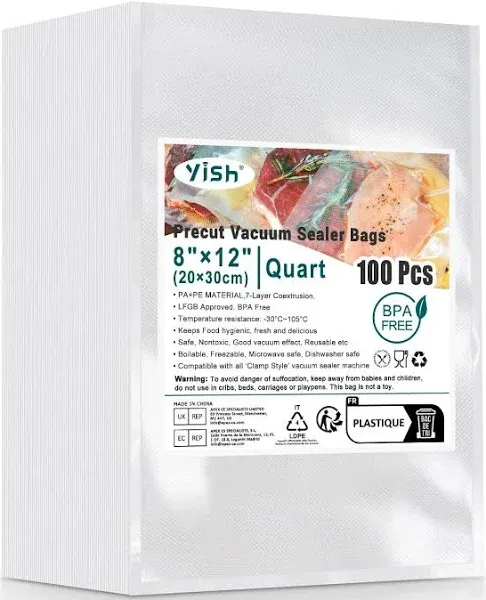 Vacuum Sealer Bags for Food: 100 Quart 8&#034;×12&#034; Precut Bags for Food Saver, Com...