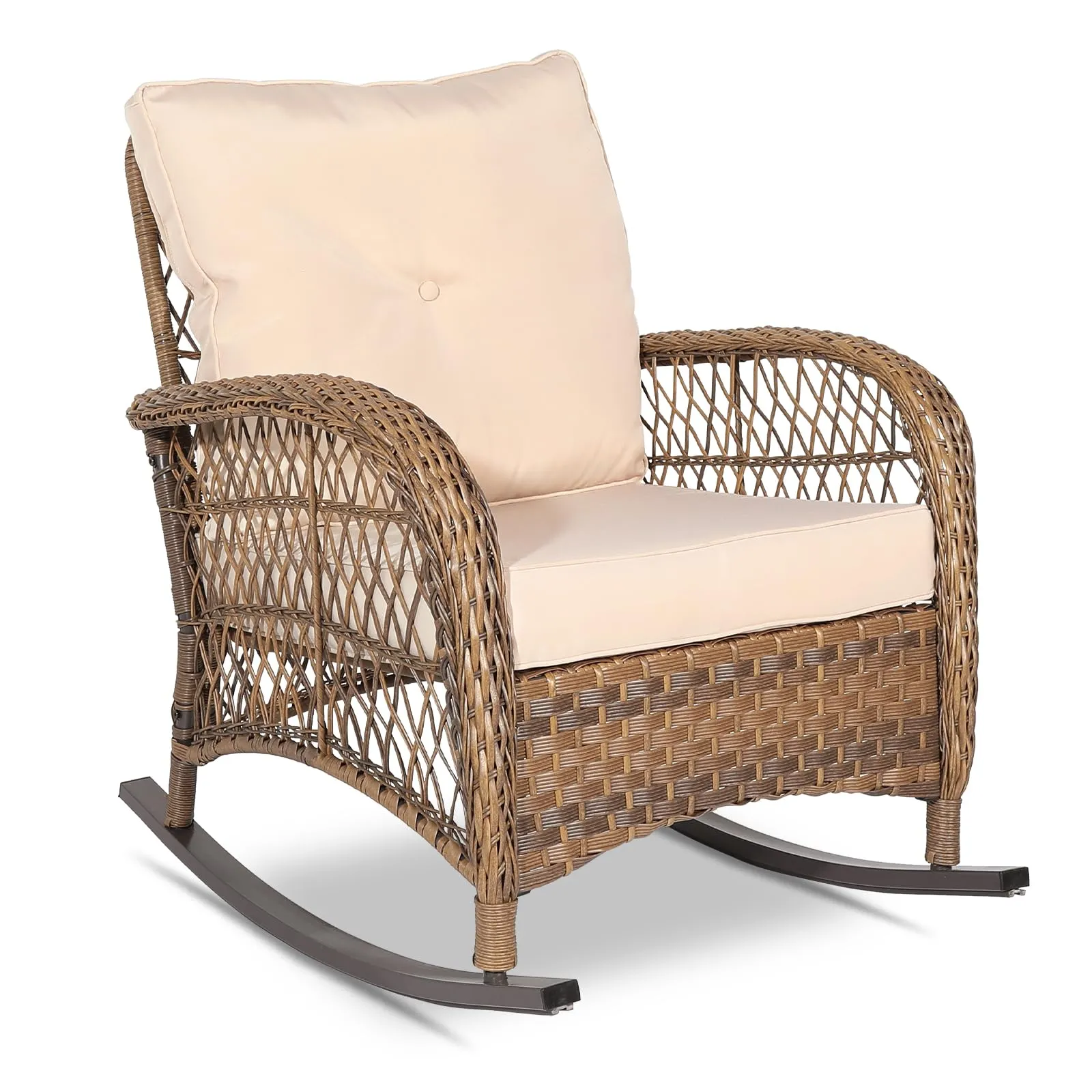 VIVIJASON Outdoor Wicker Rocking Chair, Patio Rattan Rocker Chair with Cushions & Steel Frame, All-Weather Rocking Lawn Wicker Furniture for Garden Backyard Porch (Navy Blue)