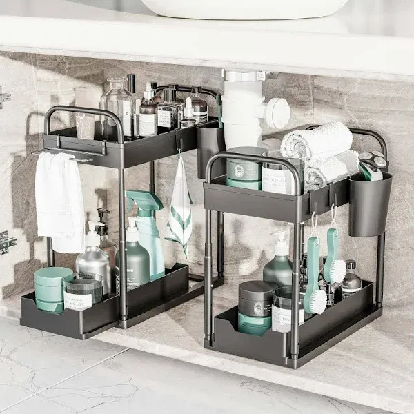 2 Pack Bathroom Under Sink Organizers and Storage | 2 Tier Height Adjustable ...