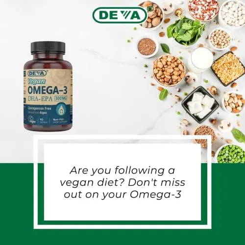 Deva Vegan Omega-3 DHA 90 Vegan Softgels Dairy-Free, Egg-Free, Fish Free,