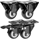 FactorDuty 4 Pack Combo 2 inch Caster Wheels 2 Rigid Non Swivel Fixed Stationery & 2 With Brake Swivel Plate All Black Polyurethane Wheels Non Marking No Noise 150LB Per Wheel