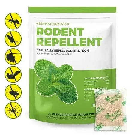 10-Pack Peppermint Oil Mice Repellent for House - Deters Rats, Squirrels & Rodents. Safe Indoor Use Pouches for Effective Pest Control