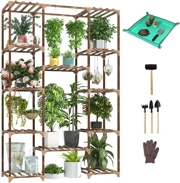 cfmour Plant Stand Indoor Outdoor, 10 Tire Tall Large Wood Plant Shelf Multi Tier Flower Stands,Garden Shelves Wooden Plant Display Holder Rack for Living Room Corner Balcony Office Lawn Patio