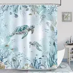 Watercolor Sea Turtle Shower Curtain Blue Teal Ocean Coastal Colorful Underwater Starfish Shell Fabric Home Bathroom Waterproof Fabric 72Lx72W Inch with Plastic 12PCS Hooks