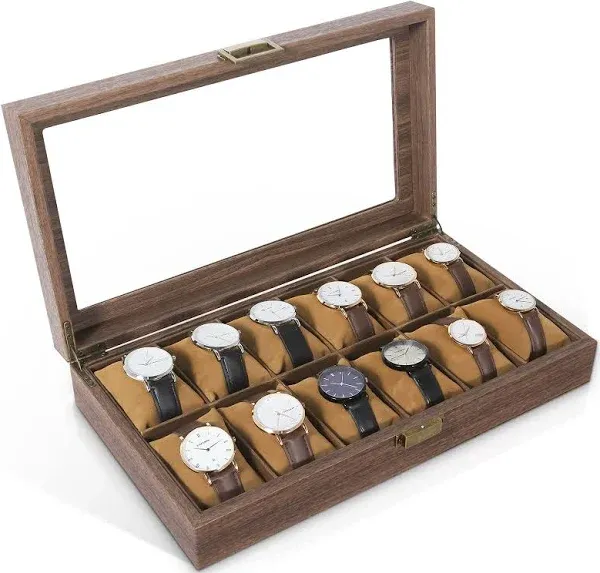 Uten Watch Box 12 Slots, Case Organizer with Real 12 Wood Grain 