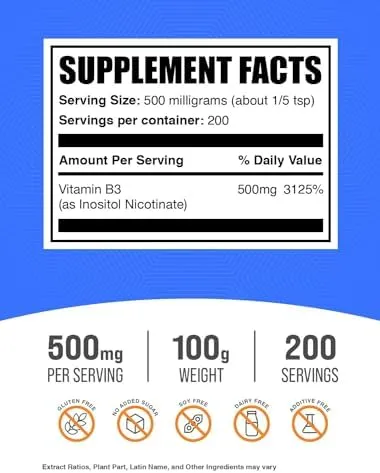 BulkSupplements.com Flush Free Niacin Powder - as Inositol Hexanicotinate, Vitamin B3 Supplement, Niacin 500mg Flush Free - Gluten Free, 500mg of per Serving, 100g (3.5 oz) (Pack of 1)