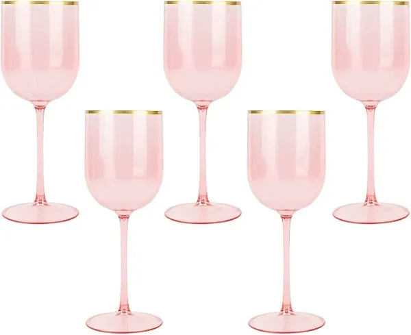 HomeyGear 12 oz Pink Plastic Wine Glasses with Gold Rim (5-Pack)