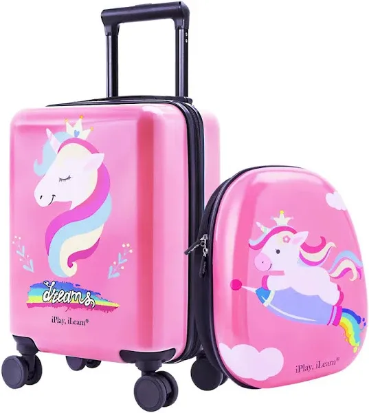 iPlay, iLearn Unicorn Kids Luggage, Girls Carry on Suitcase W/ 4 Spinner Wheels, Pink Travel Rolling Luggage Set W/Backpack, Holiday Gifts for Children Toddlers