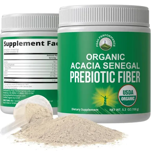 Peak Performance Organic Acacia Senegal Prebiotic Fiber Powder. USDA Organic Plant Based Vegan Prebiotics Supplement for Gut Health. with Digestive