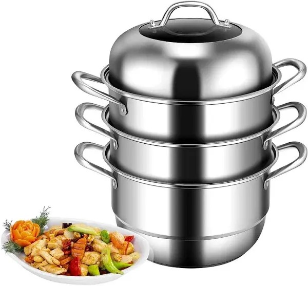 Giantex 4-Layer Stainless Steel Steamer Pot for Cooking Soup and Steaming Food Steam Pot with with Tempered Glass Lid, 2 Steaming Septa on Gas, Electric, Grill Stove (Silver)