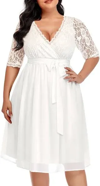 Pinup Fashion Plus Size Lace Chiffon Wrap V Neck Dresses Women Cocktail Wedding Guest Midi Dress