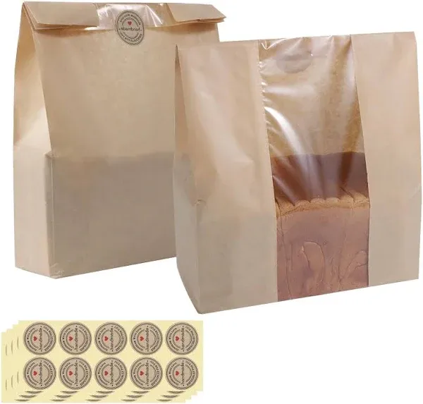 50 Pcs Bread Bags for Homemade Bread, 13.8 x 9.5 Inch Large Paper Bread Bags with Window, Sourdough Bread Bags for Gift Giving with Stickers