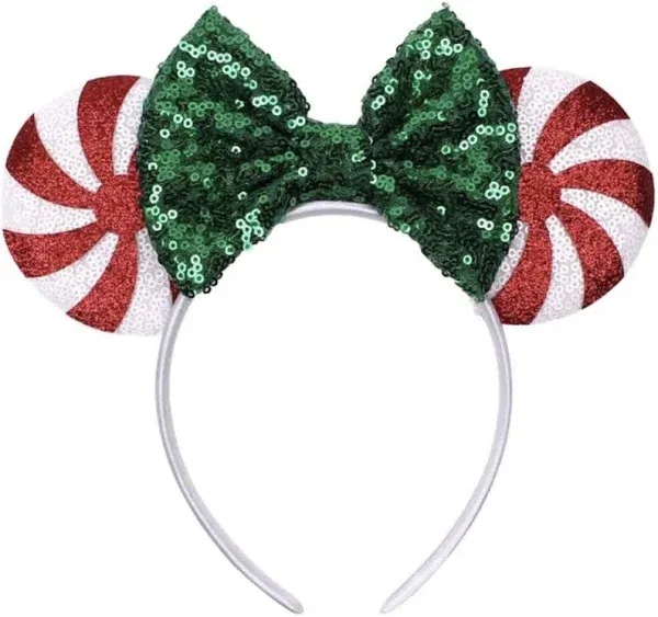 CLGIFT Minnie ears: Red peppermint, Silver gold blue, Rainbow Sparkle, Red Sequin (Christmas Candy Cane, Handmade, Hairband, For adult women, 1 Count)