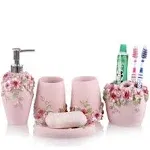 Resin Bathroom Accessories Sets 5pcs Toothbrush Dish Soap Holder Pink Color