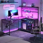 Bestier 51 L Shaped Gaming Desk with Power Outlets, LED Workstation with 4 Tiers Shelves for Home Office, Gamer Reversible Table with Hooks and Cup