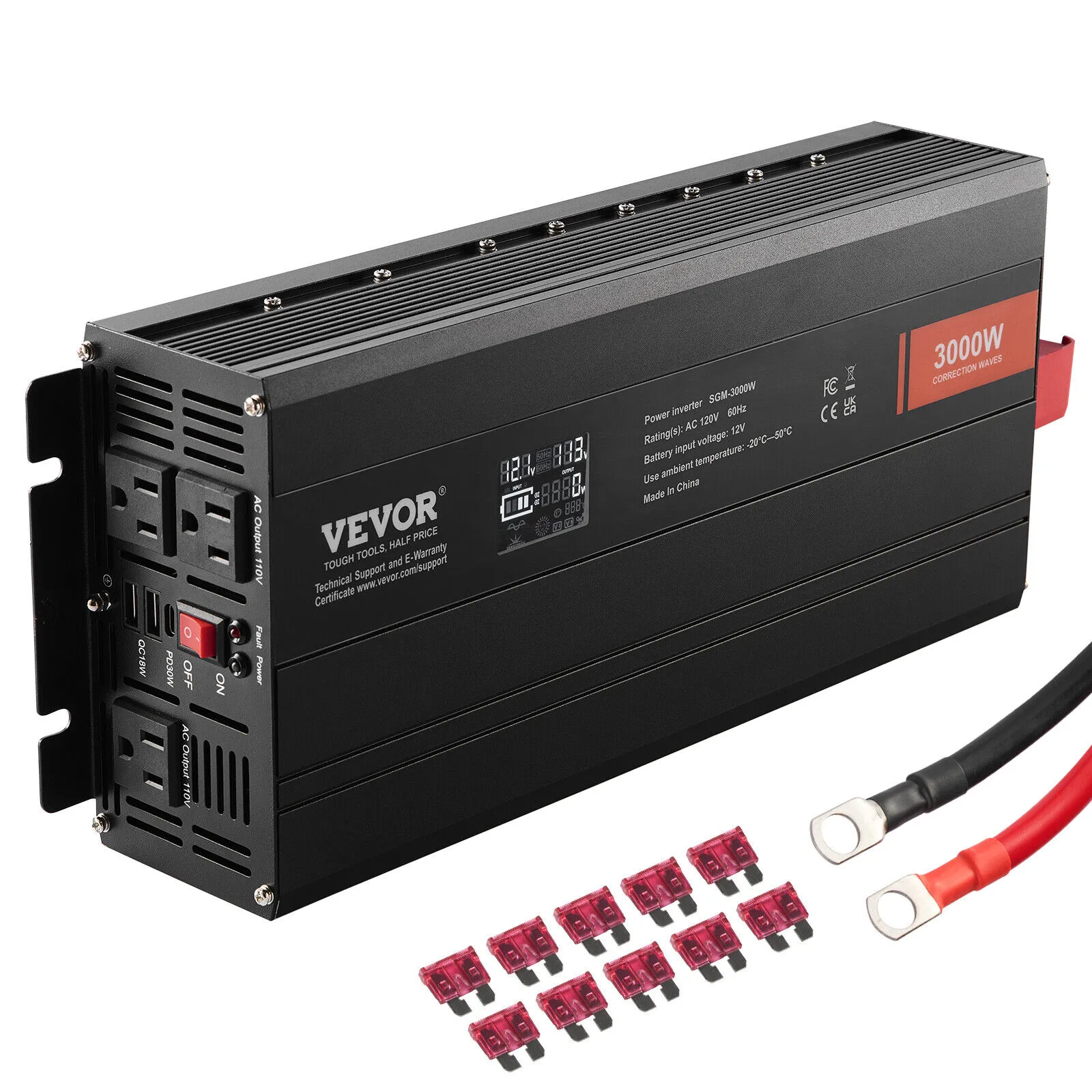 VEVOR Pure Sine Wave Inverter, 3000 Watt, DC 12V to AC 120V Power Inverter with