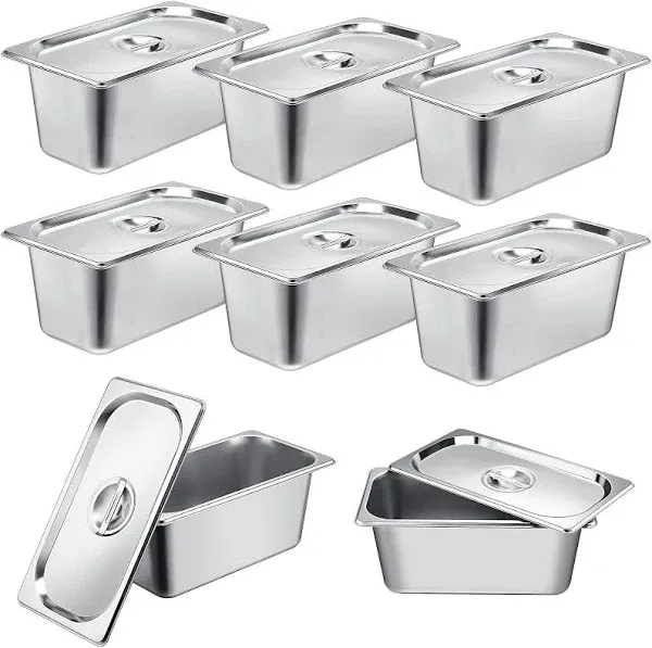 VAIPI 8 Pack Stainless Steel Hotel Pans 1/3 Size x 6" Deep Steam Table Pan with Lids Commercial 22 Gauge Food Storage Containers Catering Metal Steamer