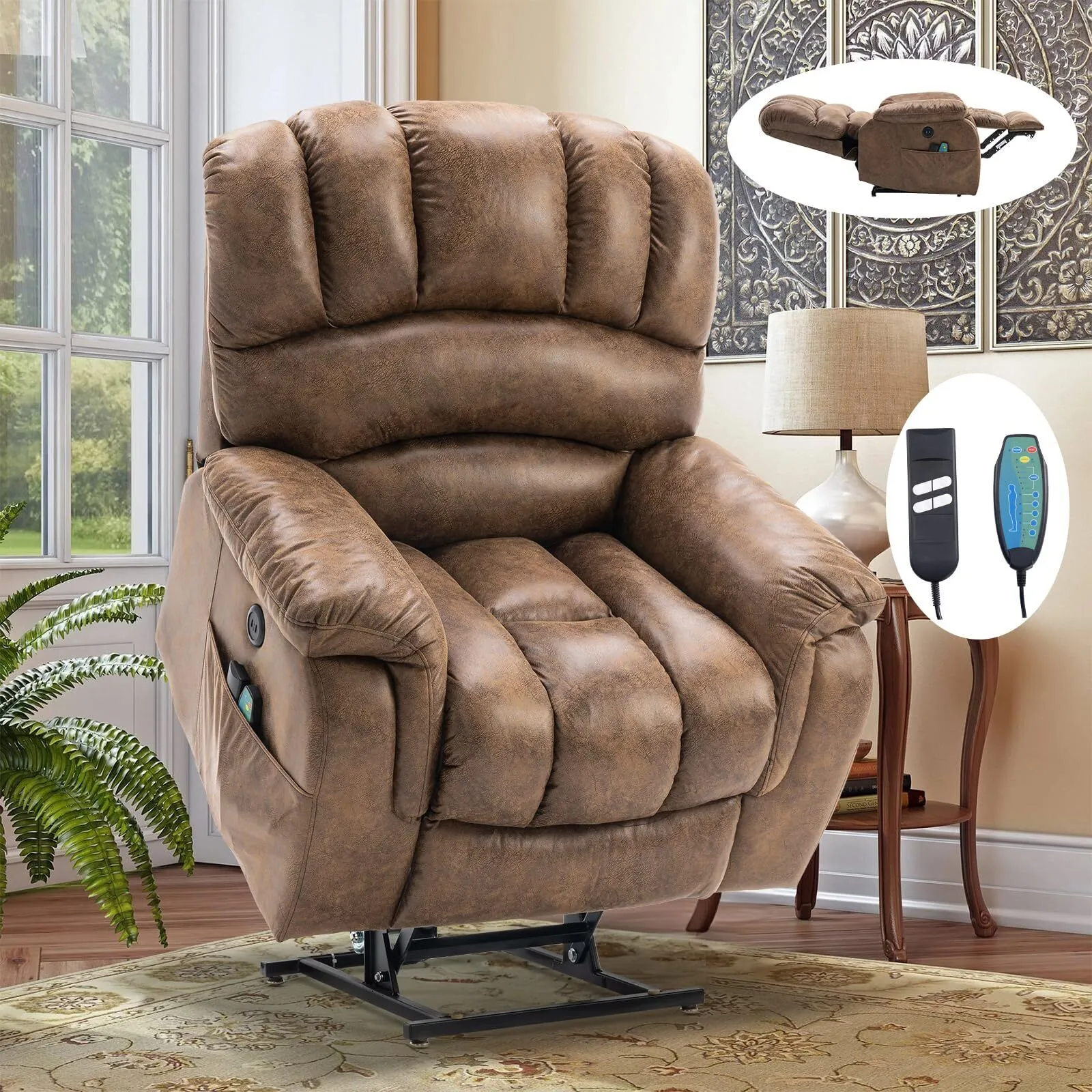 Large Dual Motor Lay Flat Sleeper Power Lift Recliner Chair W/ Massage Heat