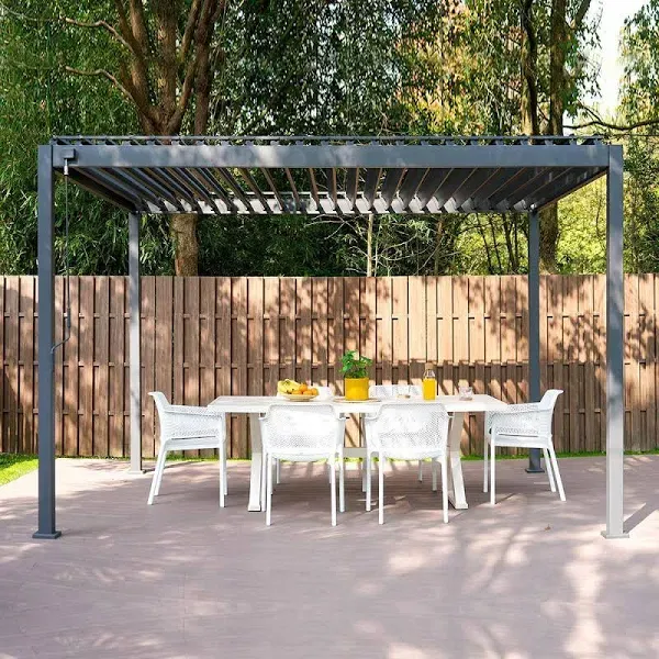 80/88S Metal Frame Pergola with Adjustable Louver Roof Mirador Size: 10 ft W x 10 ft D Finish: Charcoal