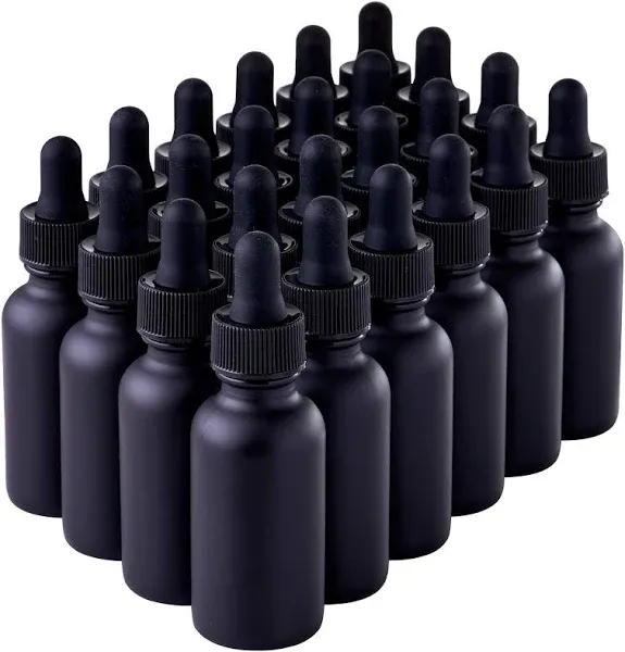 24 Pack Black Coated Boston Round Essential Oils Aromatherapy Glass Bottles Jar With Black dropper cap, 1oz