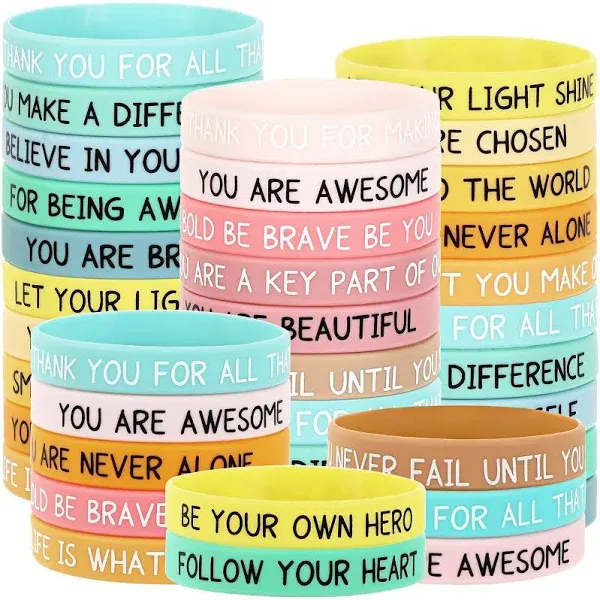 JUNEBRUSHS 64pcs Motivational Silicone Bracelets Bulk Colored Inspirational Rubber Wristbands Unisex for Student Teacher Office Prizes Gifts Back to School Party Favor Supplies (16 Designs)