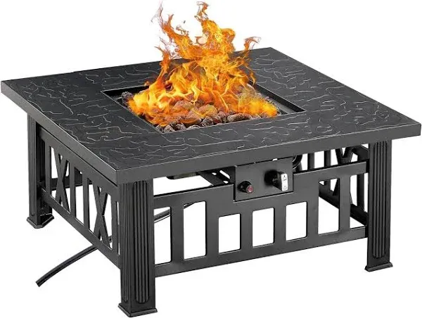 VECELO Propane Gas Fire Table, 30 Inch Outdoor Fire Pit, 50,000 BTU Square Firepit with Lid and Lava Rock, Adjustable Flame Steel Fire Table for Outdoor, Patio, Backyard, Party, Black