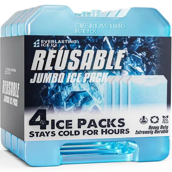 Everlasting Ice RX Large Reusable Ice Packs for Cooler with Handle (4 Pack) Long Lasting Coolness, BPA Free, Freezer Packs for Extended Cooling | Cooler Ice Packs for Camping, Fishing, Hiking, Beach