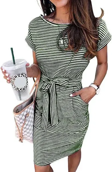 PRETTYGARDEN Women's Summer Short Sleeve Crewneck Striped Dress Basic Solid Tie Waist Office T Shirt Dresses Pockets