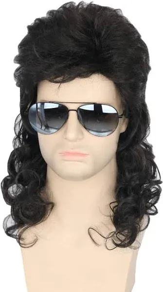 Men Wigs 80s Mullet Wig Black Curly Male Wig Halloween Costumes Punk Rocker Wig Long