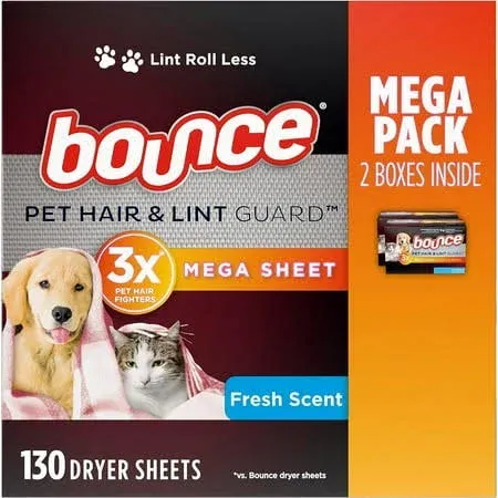 Bounce Pet Hair and Lint Guard Mega Dryer Sheets, 3X Pet Hair Fighters, Unscented, 130 Count