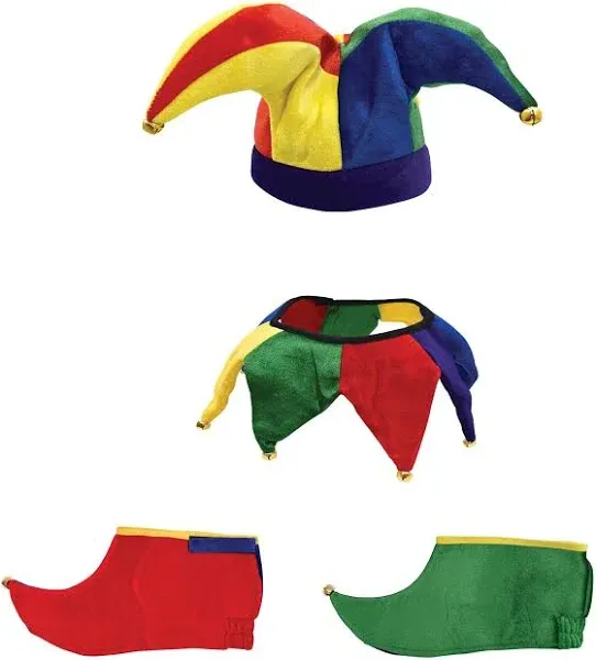 Nicky Bigs Novelties Adult Clown Court Jester Hat Collar Shoes Joker Accessories Set Costume 3 Piece Kit